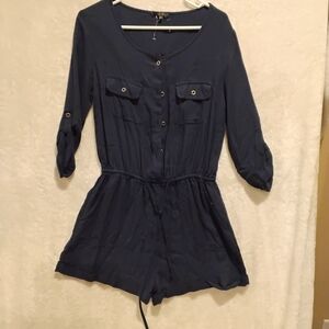iris Navy Button-Front Romper with Drawstring Waist
